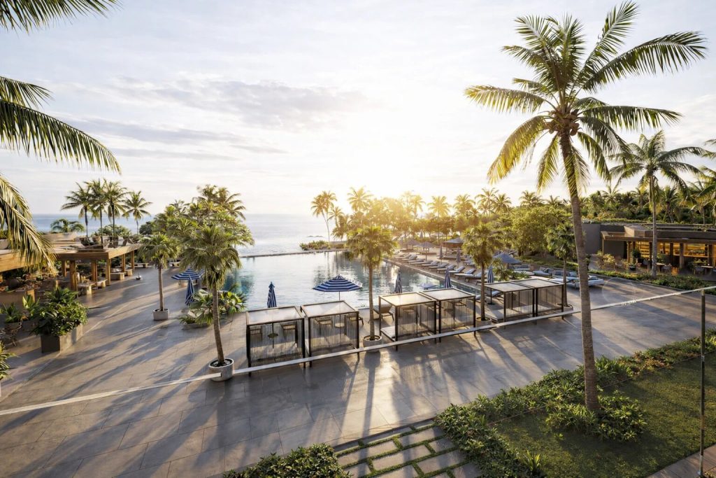 Resort promenade at sunset