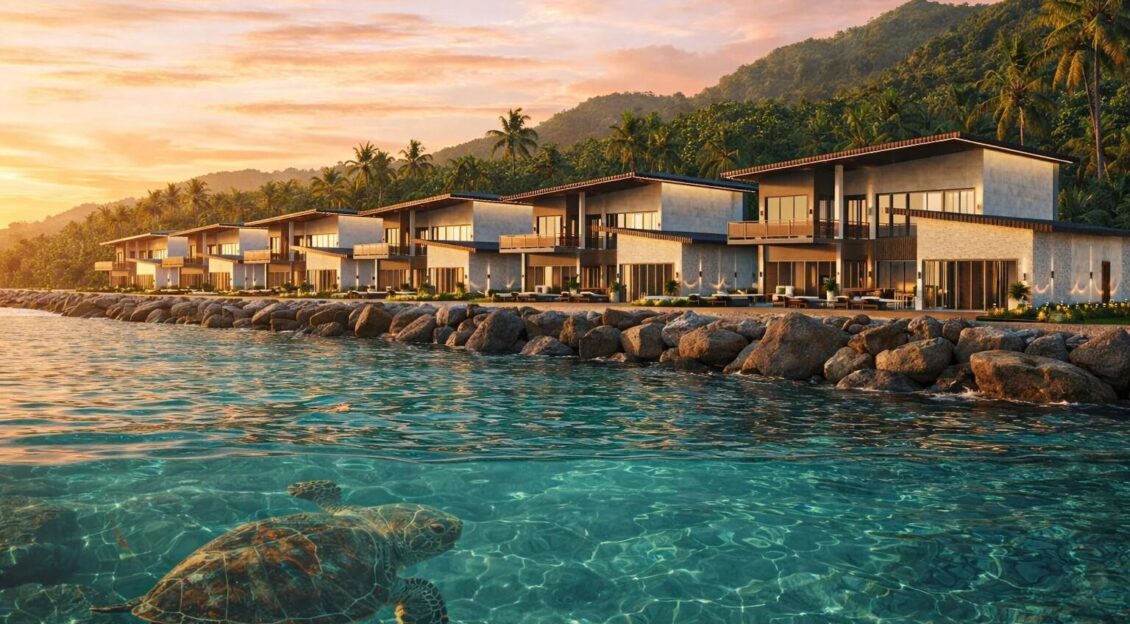 Villas over water at sunset
